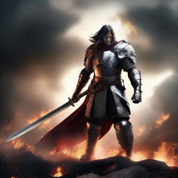 A fierce warrior standing on a battlefield, clad in armor and wielding a large sword