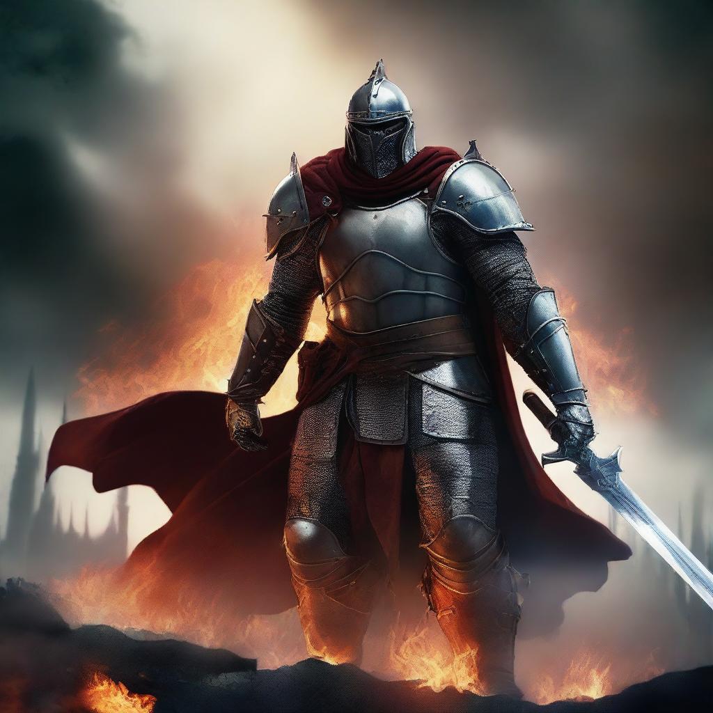 A fierce warrior standing on a battlefield, clad in armor and wielding a large sword