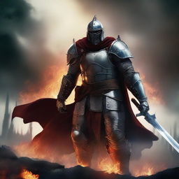 A fierce warrior standing on a battlefield, clad in armor and wielding a large sword