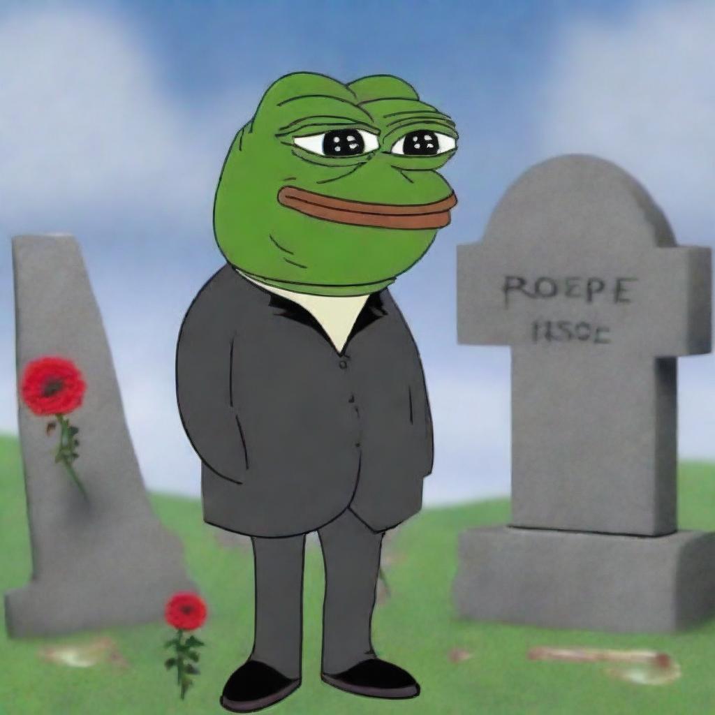 A detailed image of Pepe the Frog standing solemnly by a grave