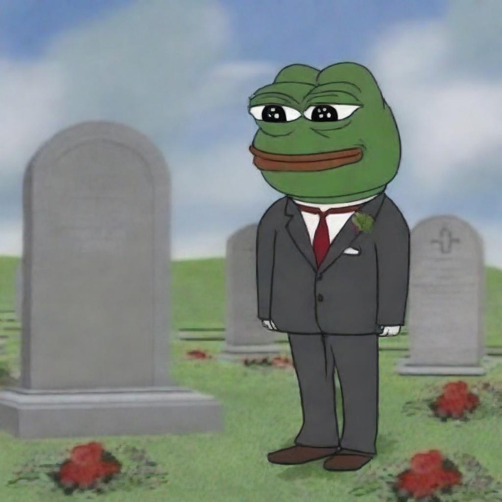 A detailed image of Pepe the Frog standing solemnly by a grave