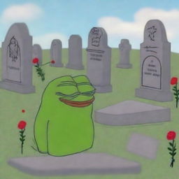 A detailed image of Pepe the Frog standing solemnly by a grave