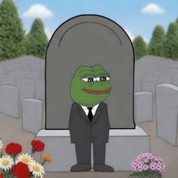 A detailed image of Pepe the Frog standing solemnly by a grave