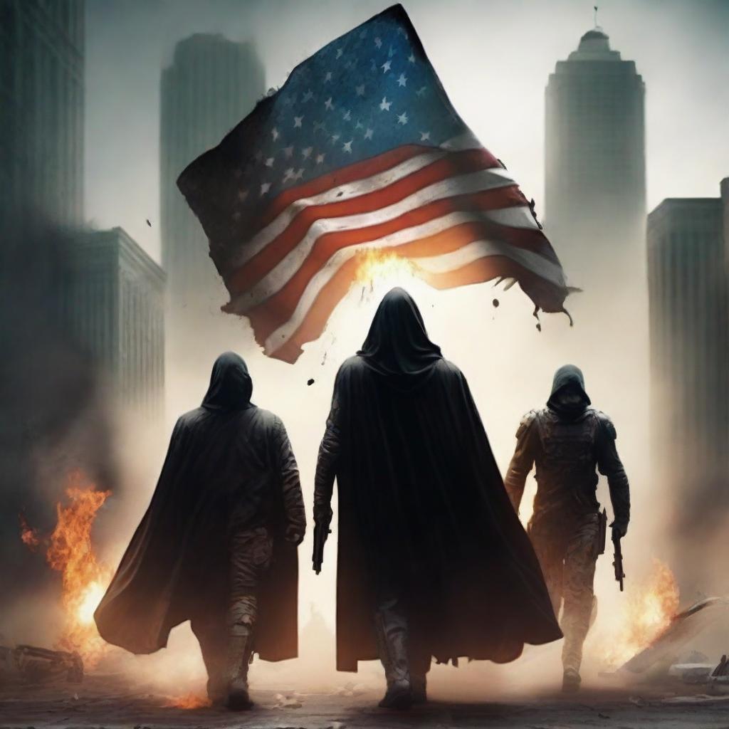 A futuristic book cover titled 'Ameropolis' featuring three soldiers with black capes stepping on a burned American flag