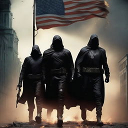 A futuristic book cover titled 'Ameropolis' featuring three soldiers with black capes stepping on a burned American flag