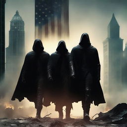 A futuristic book cover titled 'Ameropolis' featuring three soldiers with black capes stepping on a burned American flag