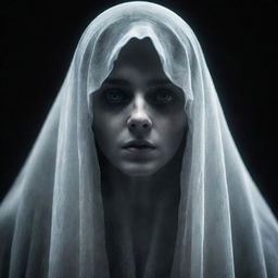 A chilling image of a female ghost character from a horror game, her ethereal form cloaked in spectral veils, her eyes showing a hauntingly hollow gaze.