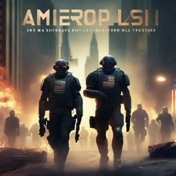 A futuristic book cover titled 'Ameropolis' featuring a platoon of soldiers with black capes in a city with an American flag on fire