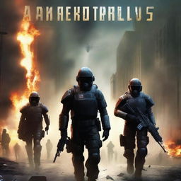 A futuristic book cover titled 'Ameropolis' featuring a platoon of soldiers with black capes in a city with an American flag on fire