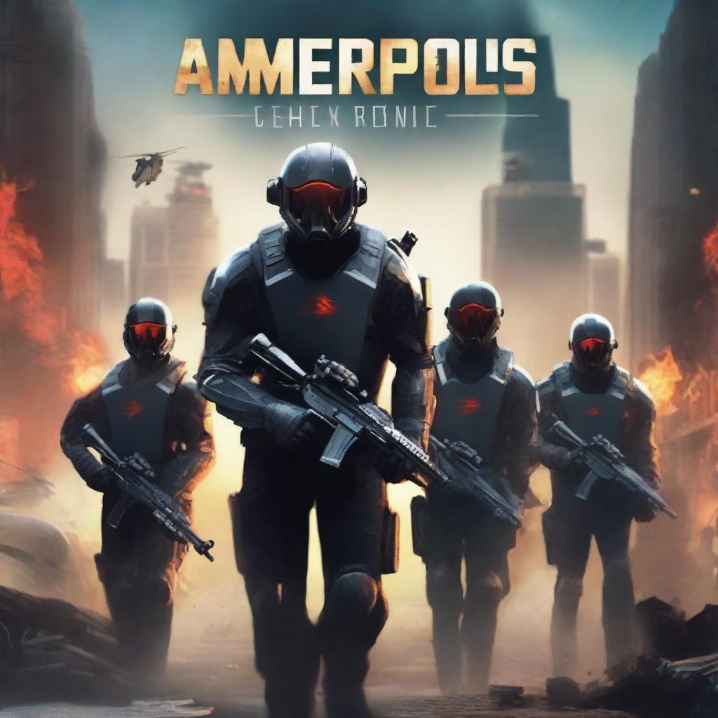 A futuristic book cover titled 'Ameropolis' featuring a platoon of soldiers with black capes in a city with an American flag on fire