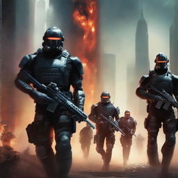 A futuristic book cover titled 'Ameropolis' featuring a platoon of soldiers with black capes in a city with an American flag on fire