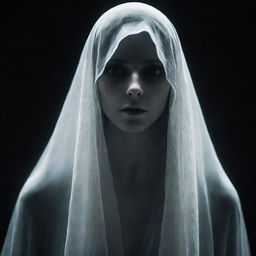 A chilling image of a female ghost character from a horror game, her ethereal form cloaked in spectral veils, her eyes showing a hauntingly hollow gaze.