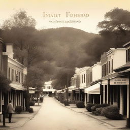 A book cover featuring a sepia-toned image of a small mountain town nestled in a forest