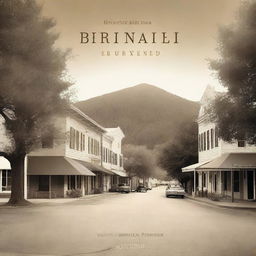 A book cover featuring a sepia-toned image of a small mountain town nestled in a forest