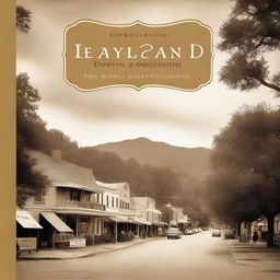 A book cover featuring a sepia-toned image of a small mountain town nestled in a forest