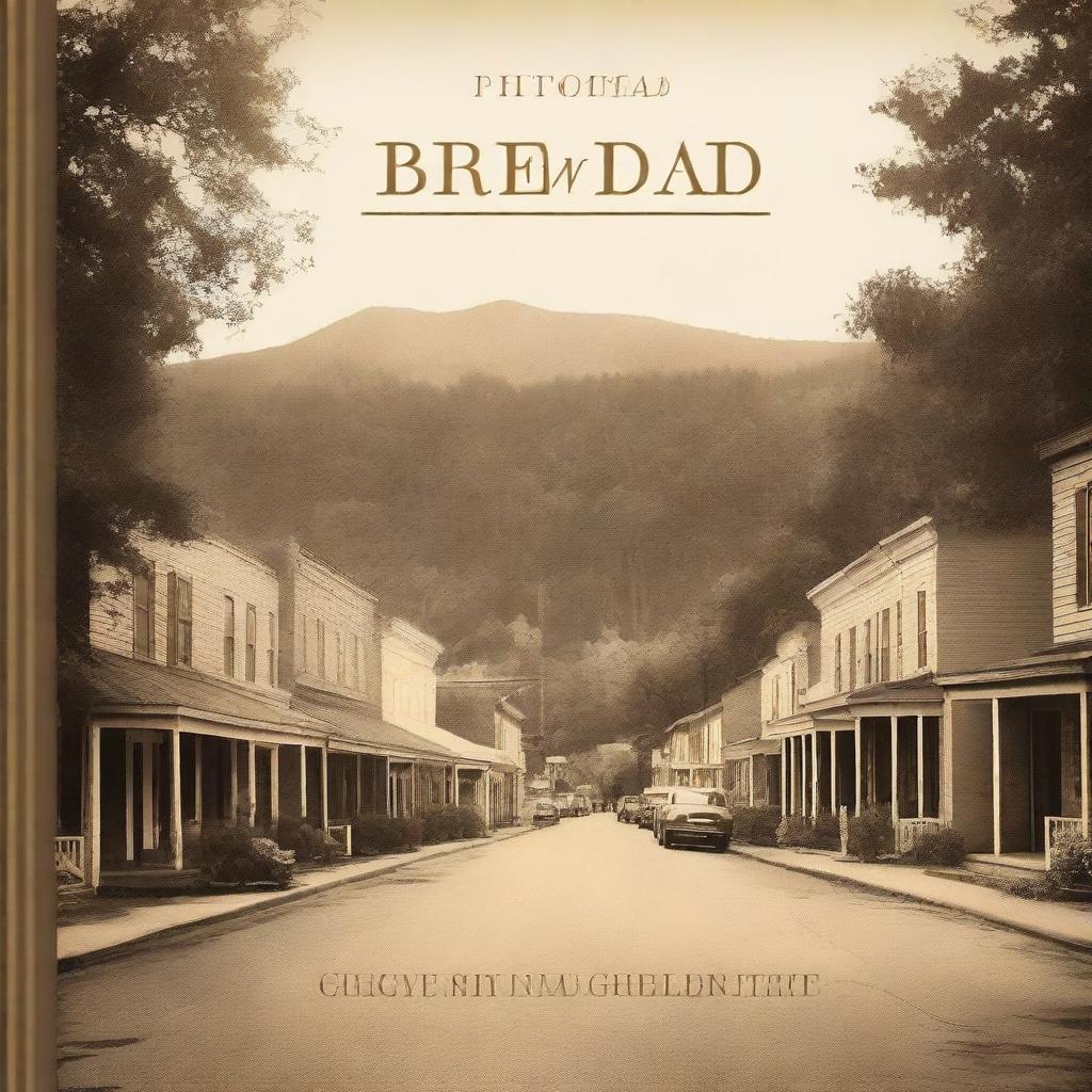 A book cover featuring a sepia-toned image of a small mountain town nestled in a forest