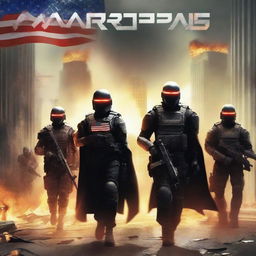 A futuristic book cover titled 'AMEROPOLIS' featuring a platoon of soldiers with black capes in the city of Kansas, with an American flag on fire