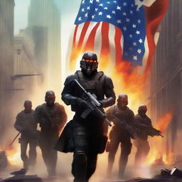 A futuristic book cover titled 'AMEROPOLIS' featuring a platoon of soldiers with black capes in the city of Kansas, with an American flag on fire