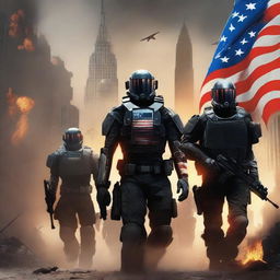 A futuristic book cover titled 'AMEROPOLIS' featuring a platoon of soldiers with black capes in the city of Kansas, with an American flag on fire