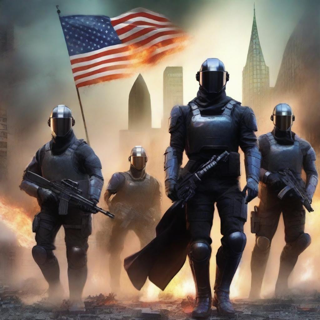 A futuristic book cover titled 'AMEROPOLIS' featuring a platoon of soldiers with black capes in the city of Kansas with an American flag on fire