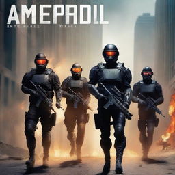 A futuristic book cover titled 'AMEROPOLIS' featuring a platoon of soldiers with black capes in the city of Kansas with an American flag on fire