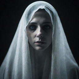 A chilling image of a female ghost character from a horror game, her ethereal form cloaked in spectral veils, her eyes showing a hauntingly hollow gaze.