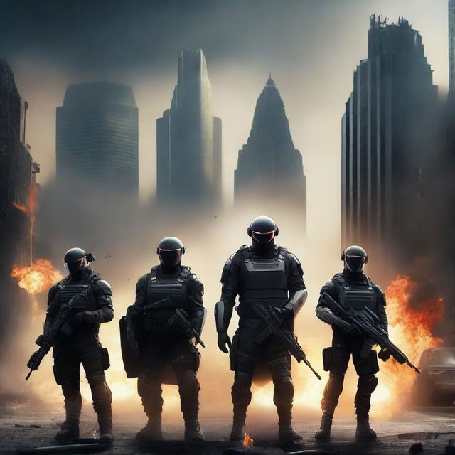 A futuristic book cover titled 'AMEROPOLIS' featuring a platoon of soldiers with black capes in the city of Kansas with an American flag on fire