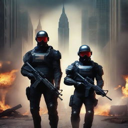 A futuristic book cover titled 'AMEROPOLIS' featuring a platoon of soldiers with black capes in the city of Kansas with an American flag on fire