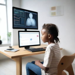 A child psychologist sits in a modern office, working with an AI-assistive decision-making tool to assess a young patient for mental health disorder risk