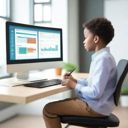 A child psychologist sits in a modern office, working with an AI-assistive decision-making tool to assess a young patient for mental health disorder risk