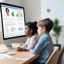 A child psychologist sits in a modern office, working with an AI-assistive decision-making tool to assess a young patient for mental health disorder risk