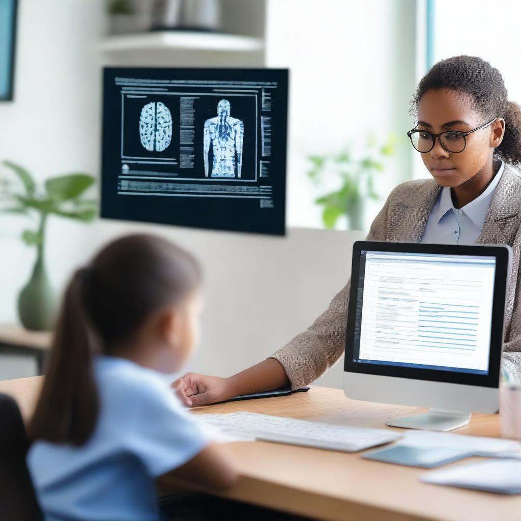 A child psychologist sits in a modern office, working with an AI-assistive decision-making tool to assess a young patient for mental health disorder risk