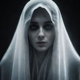 A chilling image of a female ghost character from a horror game, her ethereal form cloaked in spectral veils, her eyes showing a hauntingly hollow gaze.