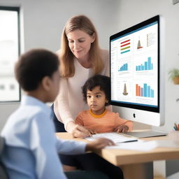 A child psychologist works in a modern office, using an AI-assistive decision-making tool to assess a young patient