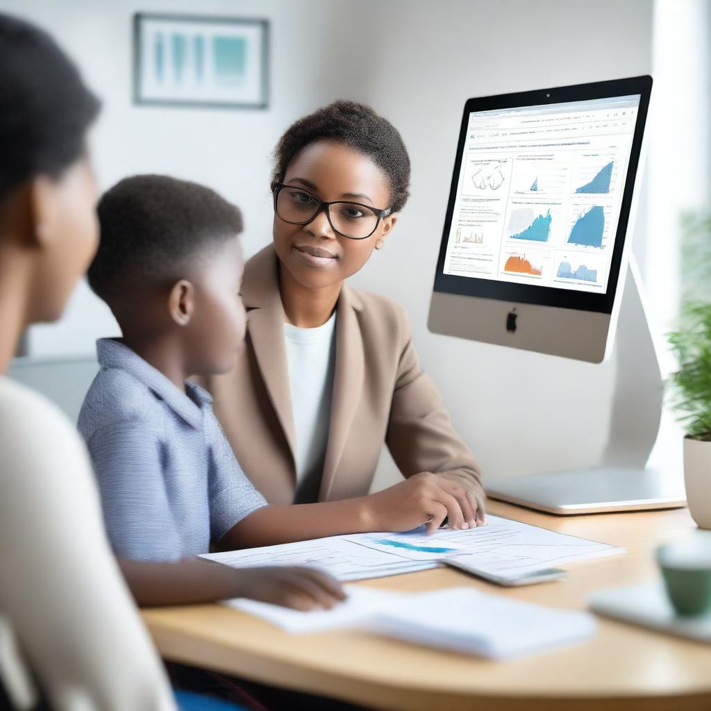 A child psychologist works in a modern office, using an AI-assistive decision-making tool to assess a young patient