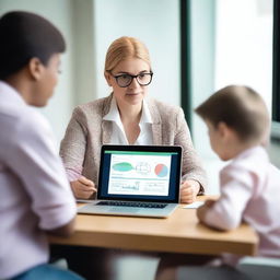 A child psychologist works in a modern office, using an AI-assistive decision-making tool to assess a young patient