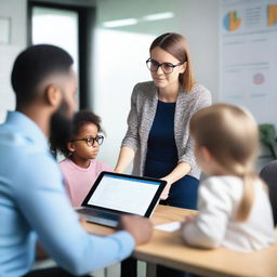 A child psychologist works in a modern office, using an AI-assistive decision-making tool to assess a young patient