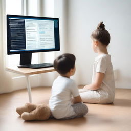 A child psychologist is in a modern, well-equipped office, using a large language model decision-making tool to assess a young patient