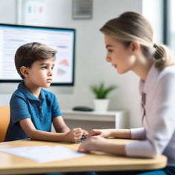 A child psychologist is in a modern, well-equipped office, using a large language model decision-making tool to assess a young patient