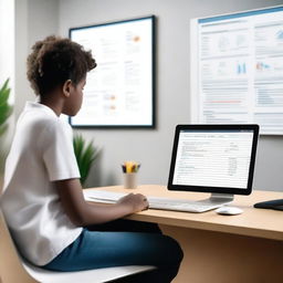 A child psychologist is in a modern, well-equipped office, using a large language model decision-making tool to assess a young patient