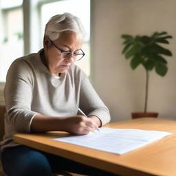 A parent or guardian is seated at a table, thoughtfully filling out a mental health questionnaire for their child