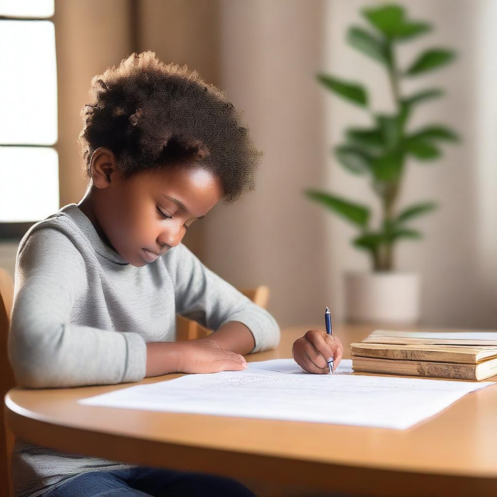 A parent or guardian is seated at a table, thoughtfully filling out a mental health questionnaire for their child