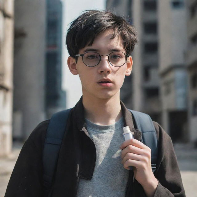 A 17-year-old tech nerd boy with glasses and dark hair, carrying an inhaler for his asthma, in a dystopian world backdrop