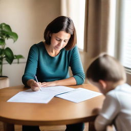 A parent or guardian is seated at a table, thoughtfully filling out a mental health questionnaire for their child