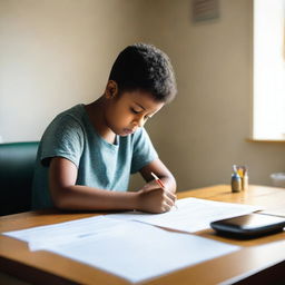 A parent or guardian is seated at a table, thoughtfully filling out a mental health questionnaire for their child