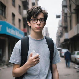 A 17-year-old tech nerd boy with glasses and dark hair, carrying an inhaler for his asthma, in a dystopian world backdrop