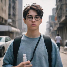 A 17-year-old tech nerd boy with glasses and dark hair, carrying an inhaler for his asthma, in a dystopian world backdrop