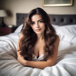 A 25-year-old brunette woman with long, wavy hair, looking sexy while lying on a bed