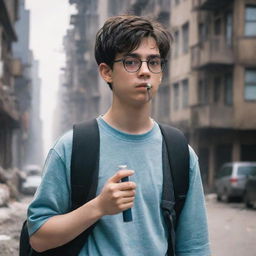 A 17-year-old tech nerd boy with glasses and dark hair, carrying an inhaler for his asthma, in a dystopian world backdrop