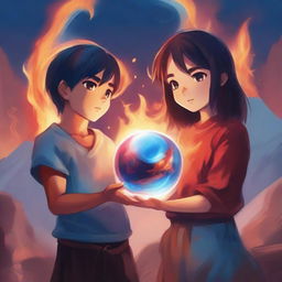 A young boy holding a sphere of water in his hands, standing next to a young girl holding a sphere of fire